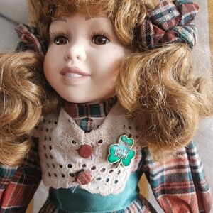 Vintage Porcelain Doll in Green Plaid Dress